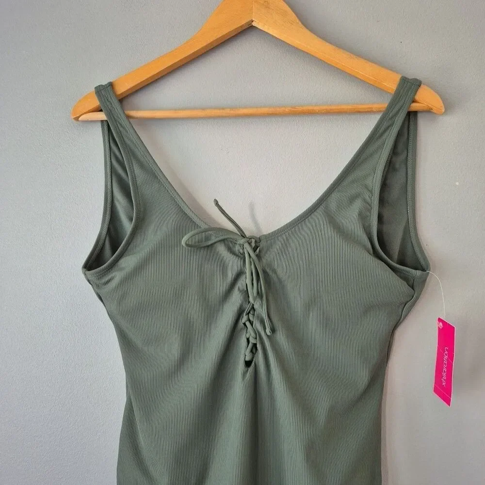 Xhilaration Olive Green One Piece Lace Up Ribbed Swimsuit Womens Large
